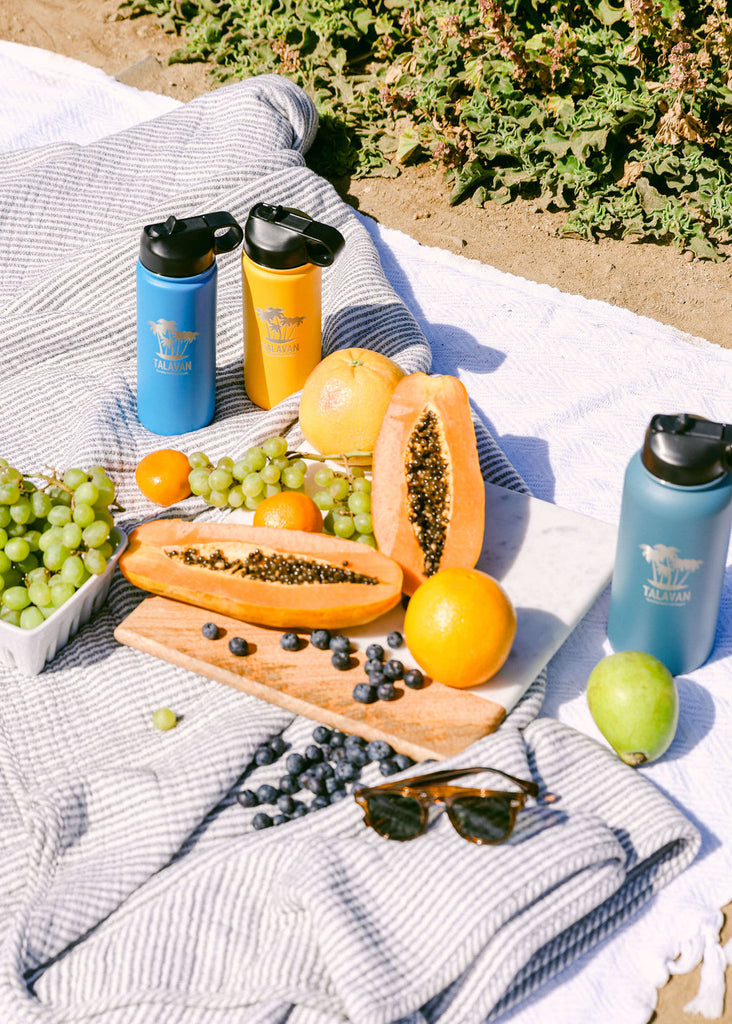 Cliffside Picnic-Chelsea Loren TalavanLLC Thermos Water Bottle Product Photography 11 - Dark Blue, Dark Teal, and Orange in Papaya setup