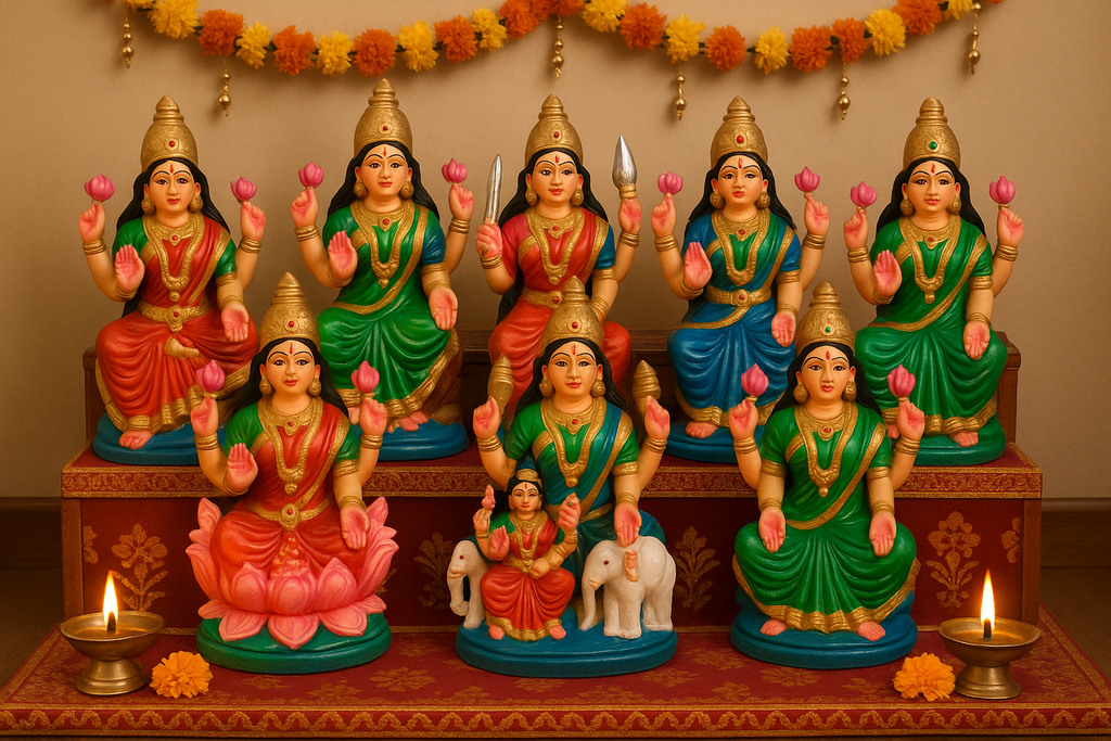 Astalakshmi set, golu dolls, navaratri, clay dolls, same size