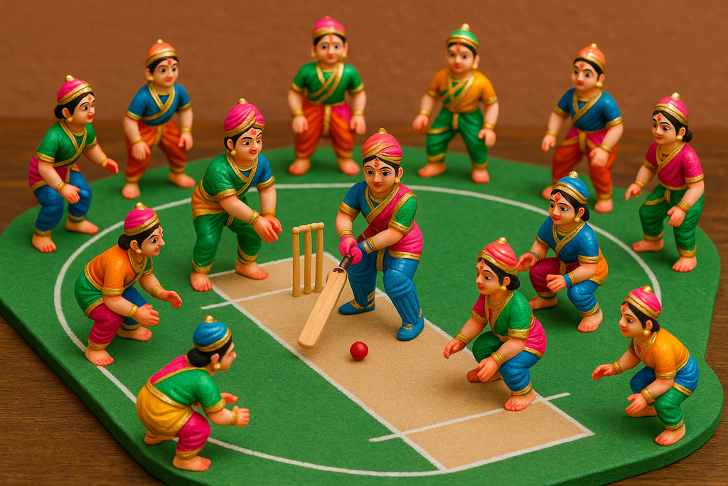Golu dolls playing cricket, 11 dolls set, with pitch