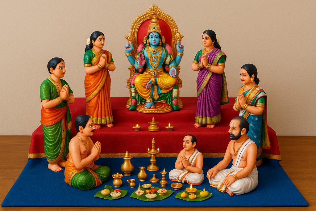 Golu display is the " Sathyanarayana pooja" theme, which features dolls of Sathyanarayanan (Lord Vishnu), his devotees, and priesT